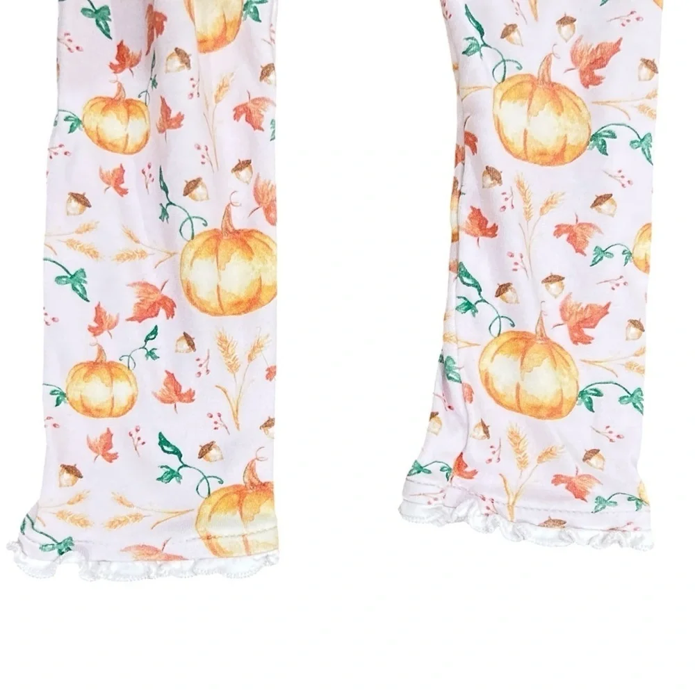 Smockingbird fall pumpkin print Pajama Set orange & White ruffle hems 5(girls)